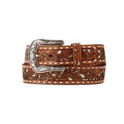 Nocona Ladies Belt 1 1/2" Floral Filigree Glitter Underlay Tan
