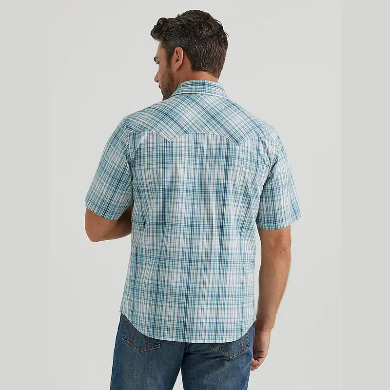 WRANGLER MENS RETRO SHORT SLEEVE SAWTOOTH SHIRT - AQUA PLAID