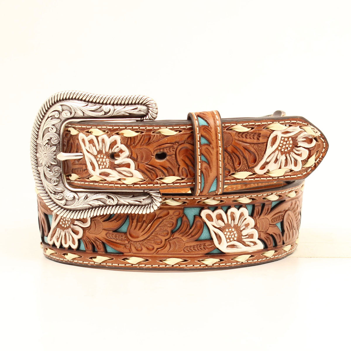 NOCONA WOMENS PIERCED FLORAL BELT - TURQUOISE