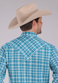 ROPER MENS PERFORMANCE PLAID SNAP SHIRT - OCEAN BLUE