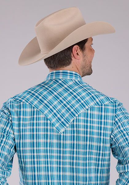 ROPER MENS PERFORMANCE PLAID SNAP SHIRT - OCEAN BLUE