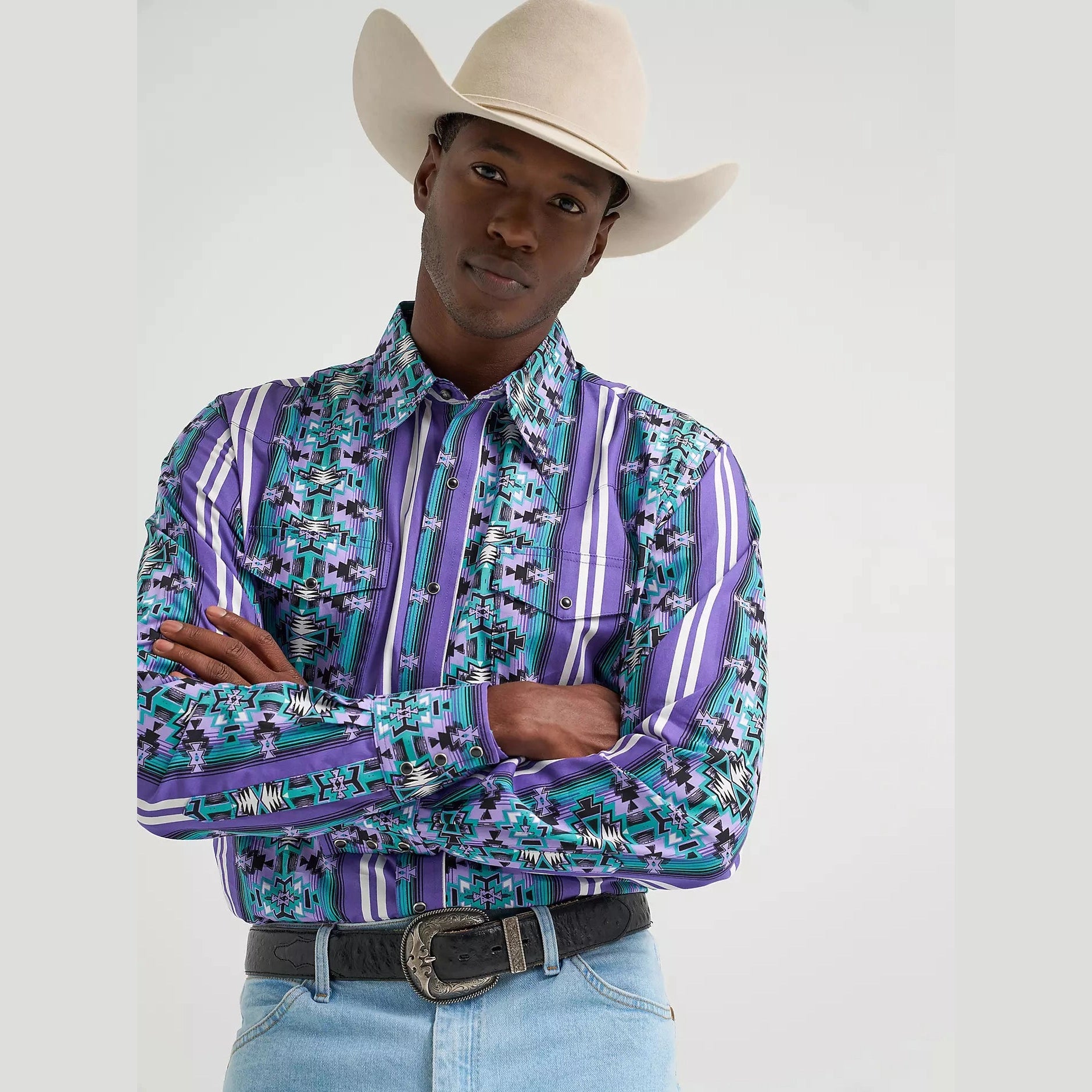 完売品　KAYALA WESTERN SHIRT WRANGLER MENS CHECOTAH WESTERN SNAP PRINTED SHIRT - VIOLET SERAPE