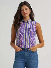 WRANGLER WOMENS SLEEVELESS CHECOTAH WESTERN SNAP SHIRT - PURPLE