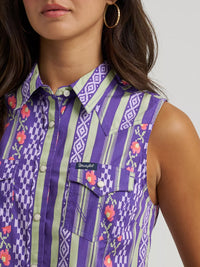 WRANGLER WOMENS SLEEVELESS CHECOTAH WESTERN SNAP SHIRT - PURPLE