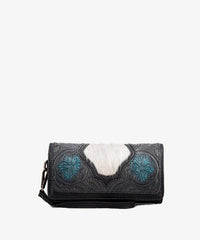 TRINITY RANCH FLORAL TOOLED HAIR-ON COWHIDE WALLET
