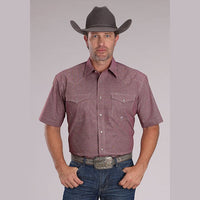 ROPER MENS SHORT SLEEVE SNAP STRETCH MINI CHECK SHIRT - WINE