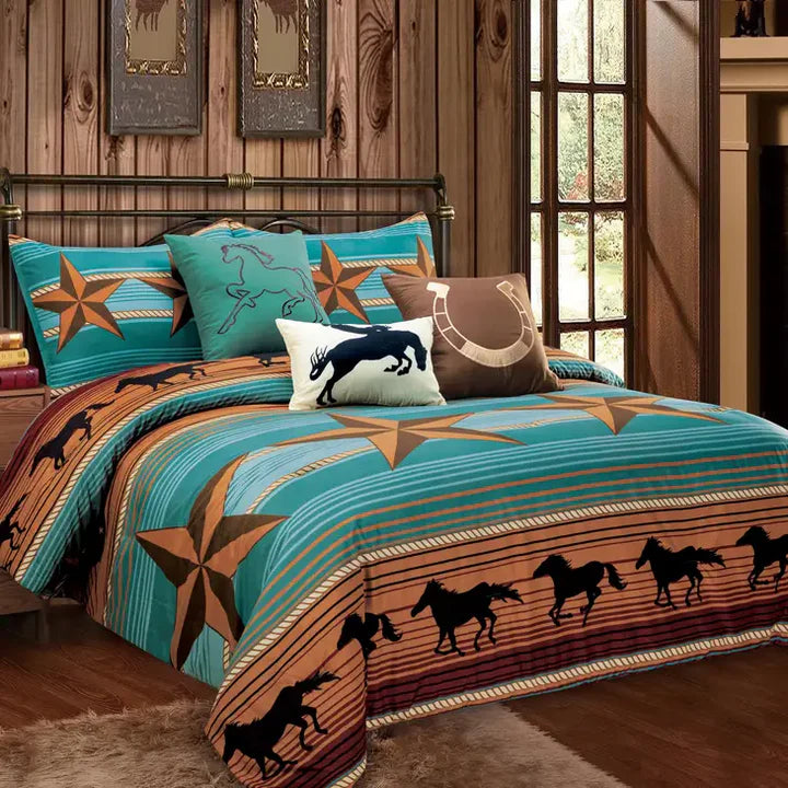 WESTERN LINEN COMFORTER SET - RUNNING HORSE