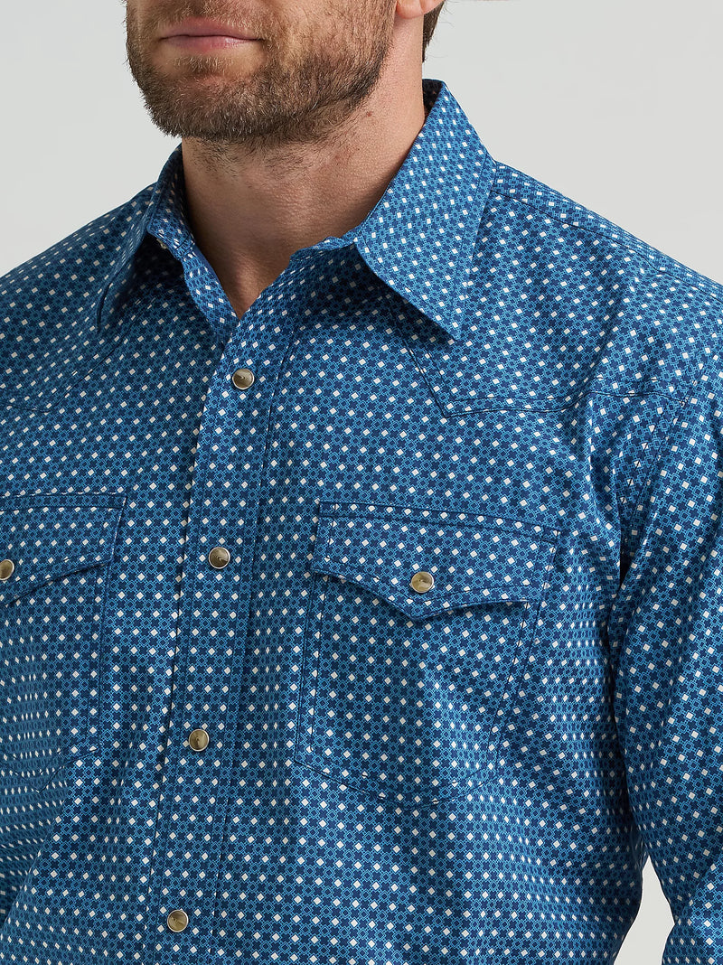 WRANGLER MENS 20X COMPETITION WESTERN SNAP SHIRT - BLUE MIXED PRINT
