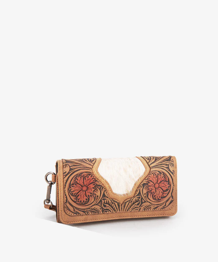 TRINITY RANCH FLORAL TOOLED HAIR-ON COWHIDE WALLET