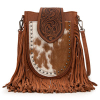 TRINITY RANCH GENUINE HAIR ON COWHIDE TOOLED FRINGE CROSSBODY