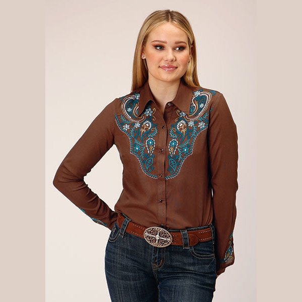 ROPER WOMENS EMBROIDERED BROWN RAYON SHIRT