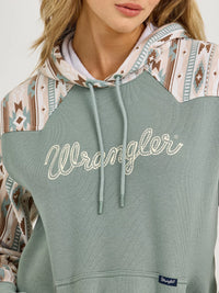 WRANGLER WOMENS LOGO SOUTHWESTERN YOKE PULLOVER HOODIE - GREEN