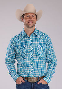 ROPER MENS PERFORMANCE PLAID SNAP SHIRT - OCEAN BLUE