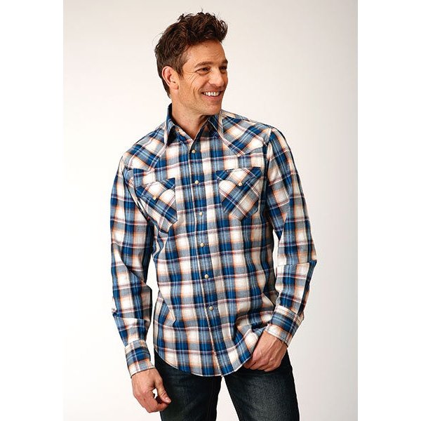 ROPER MENS DENIM PLAID WESTERN SHIRT