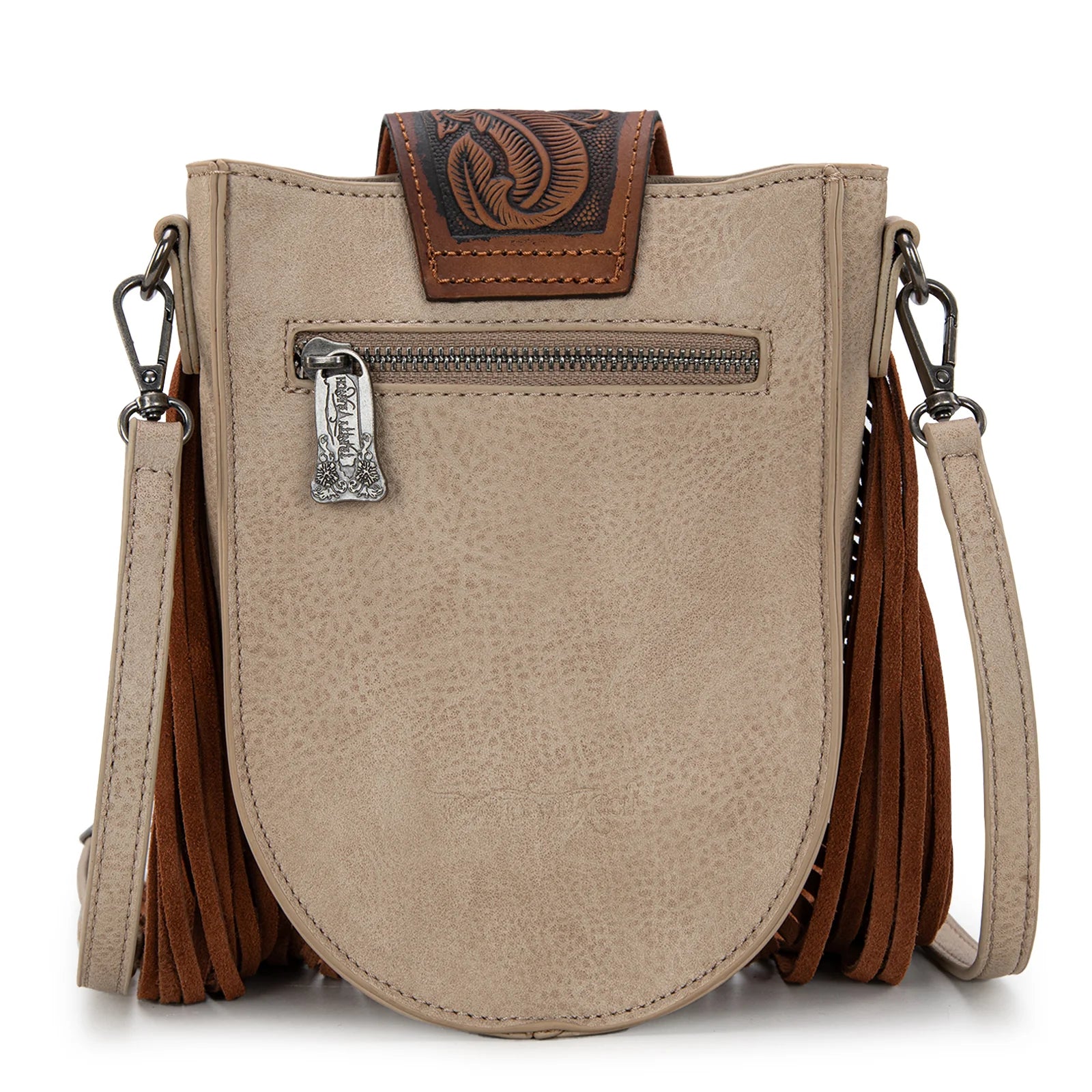 TRINITY RANCH GENUINE HAIR ON COWHIDE TOOLED FRINGE CROSSBODY