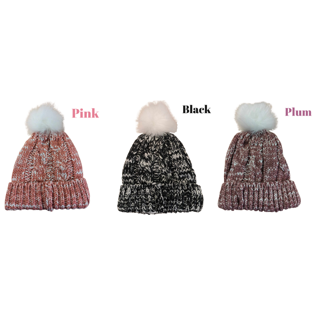 KIDS WINTER HAT CABLE KNIT WITH POM POM