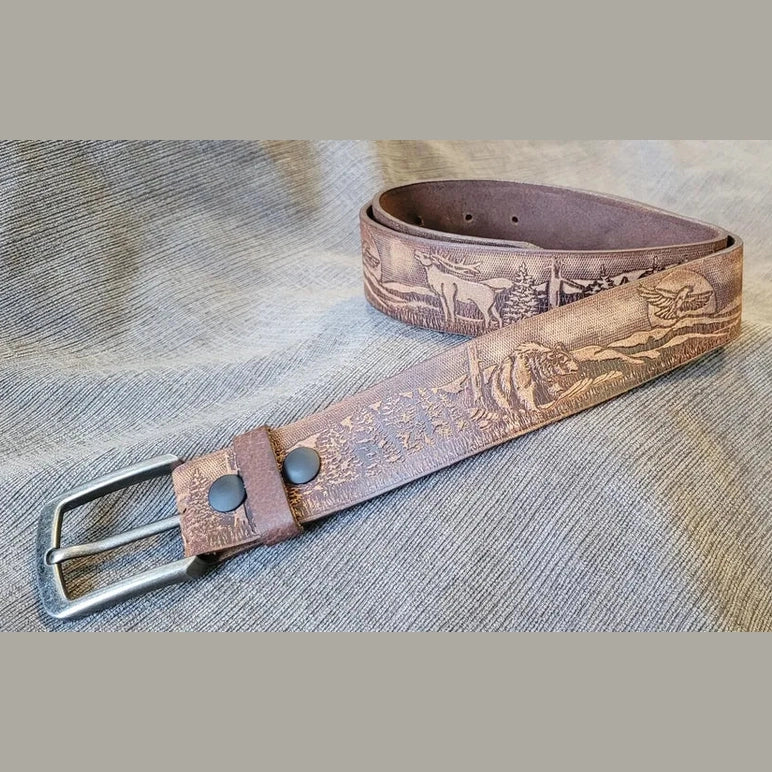WILDLIFE EMBOSSED MENS BELT- BROWN  ELK/BEAR