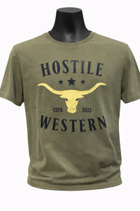 Hostile Western Mens Tee - Sage - Longhorn