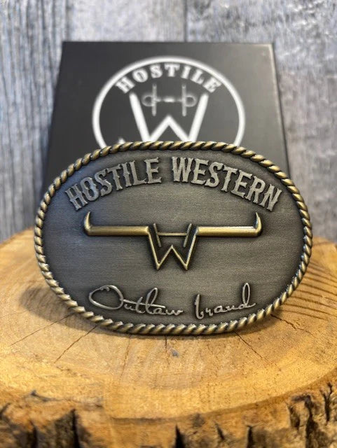 Hostile Western Outlaw Brand Belt Buckle - Pewter