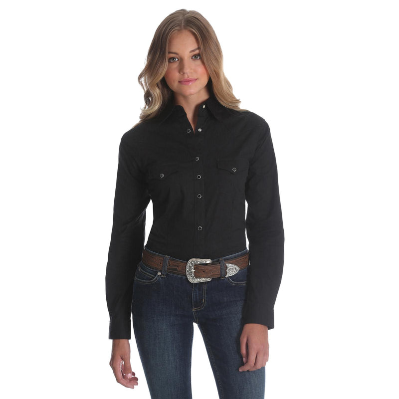 WRANGLER WOMENS SOLID LONG SLEEVE SNAP SHIRT