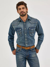 Wranlger Mens Cowboy Cut Long Sleeve Western Denim Snap Work Shirt