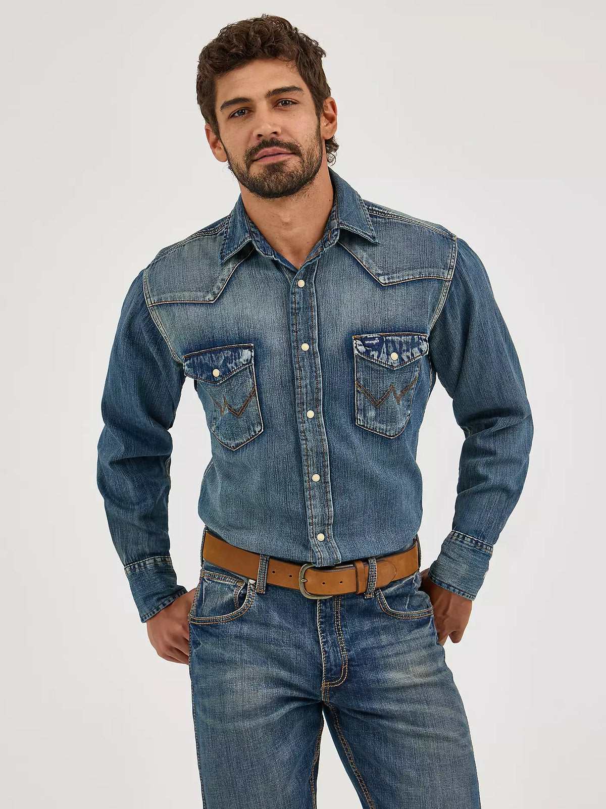 Wranlger Mens Cowboy Cut Long Sleeve Western Denim Snap Work Shirt