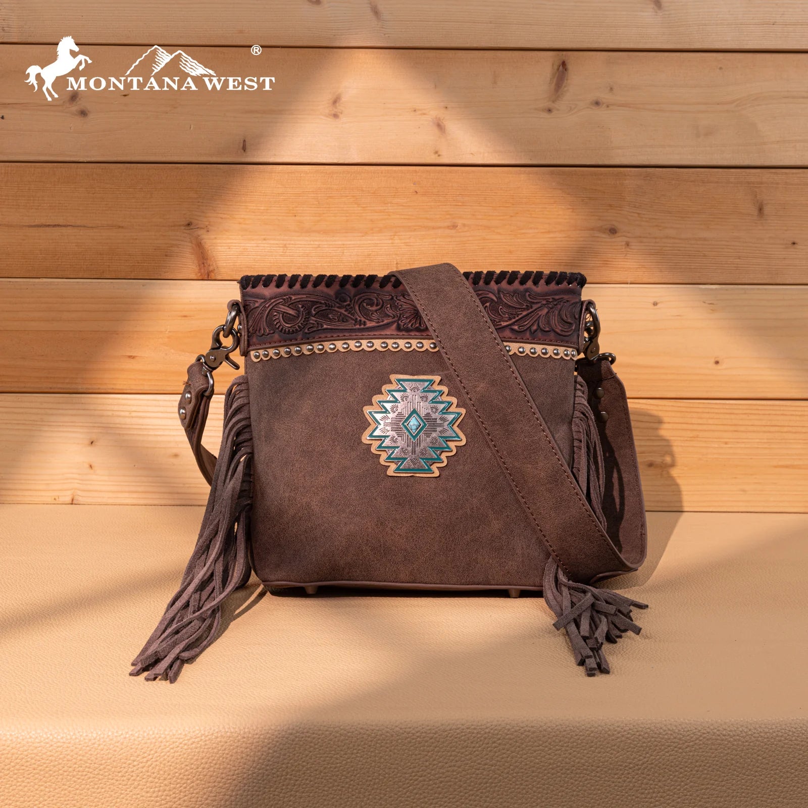 Montana West Tooled Aztec Concho Collection Crossbody -Coffee