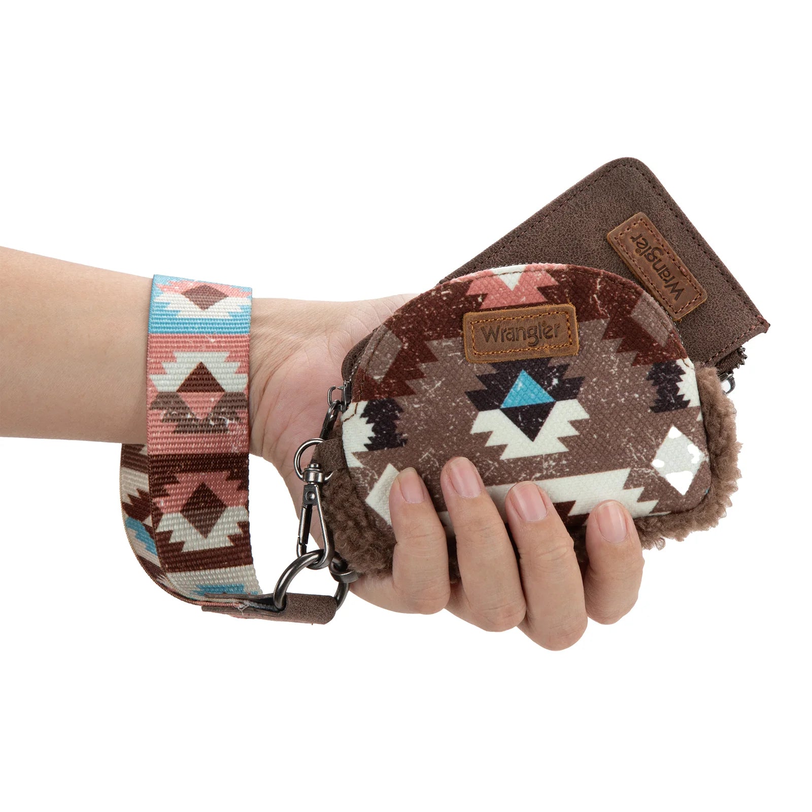Wrangler Sherpa Southwestern Art Print Dual Pouch Wristlet -Coffee