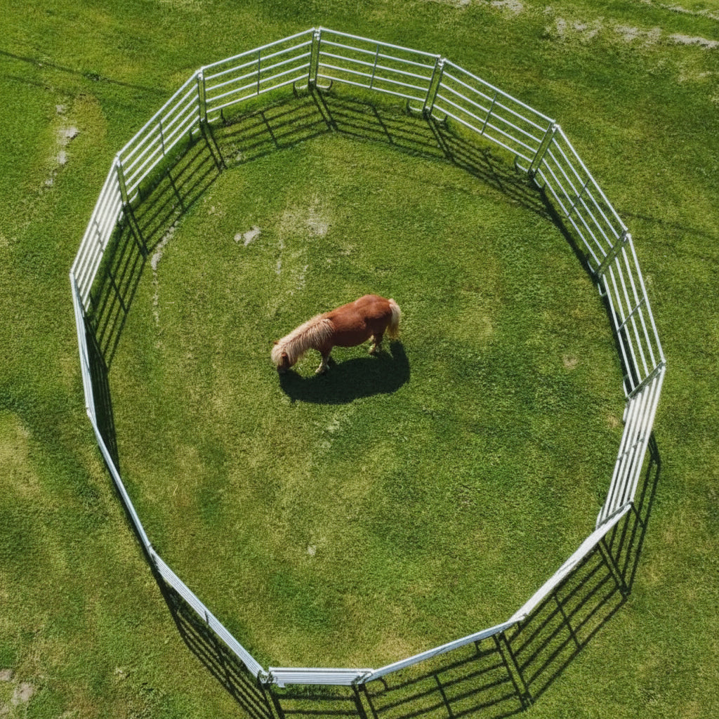 Circular wooden fence on a grassy field with rocks and a sign in the background.