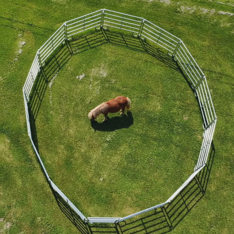 Circular wooden fence on a grassy field with rocks and a sign in the background.