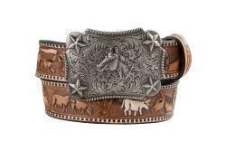 Nocona Girls Belt 1 1/4 Longhorns Horses Brown