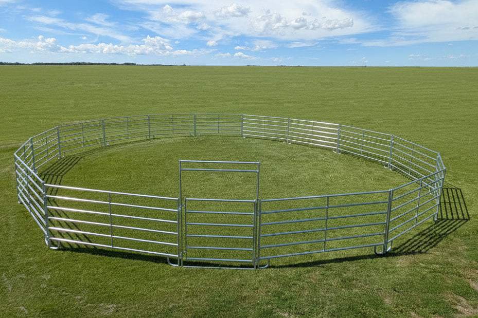 Metal livestock pen on a grassy field with trees and a clear sky in the background