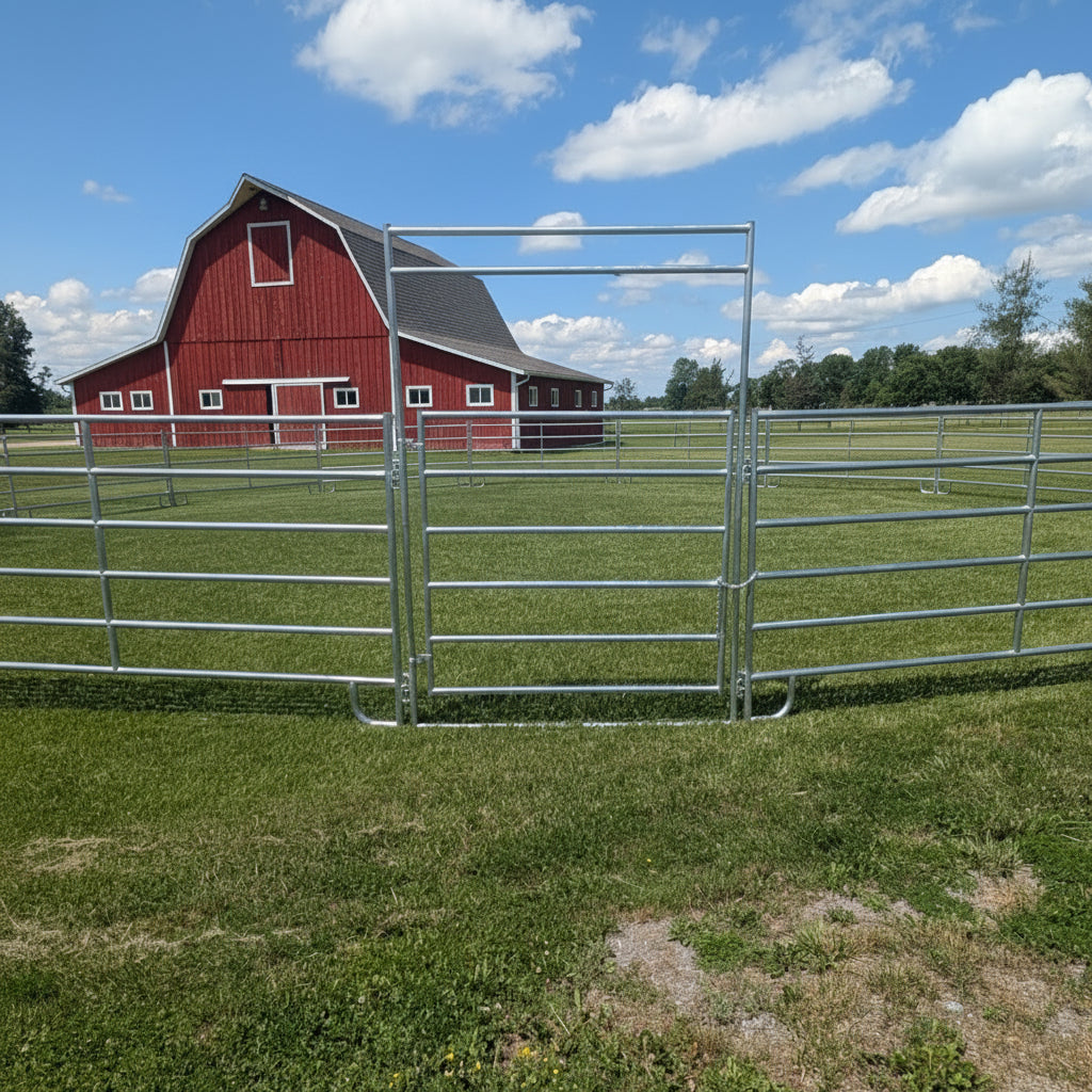 Metal livestock fence in a grassy field with a blue sky and clouds.