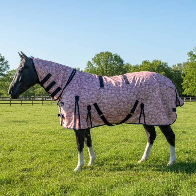 Nordic Star Special Edition Mesh Fly Sheet With Neck & Belly - Dusty Rose Floral with Navy Binding