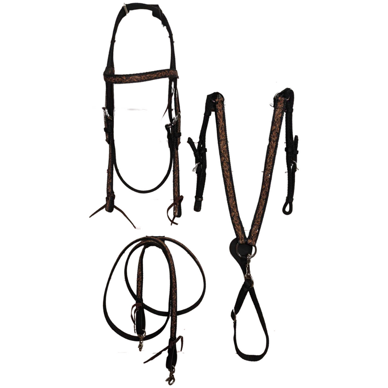 WESTERN NYLON SET - HEADSTALL, BREAST COLLAR, ROPING REINS - TOOLED PRINT