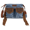 WRANGLER FRINGE FLORAL TOOLED DENIM CROSSBODY PURSE