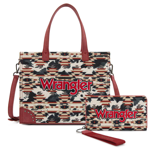 Wrangler Aztec Print Tote/Crossbody Wallet Set- Red