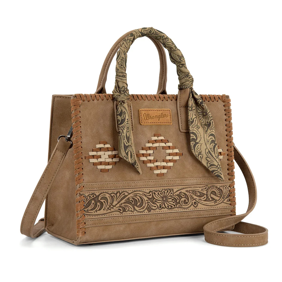 Wrangler Whipstitch Aztec Satchel Crossbody Bag Scarf Handle - Khaki