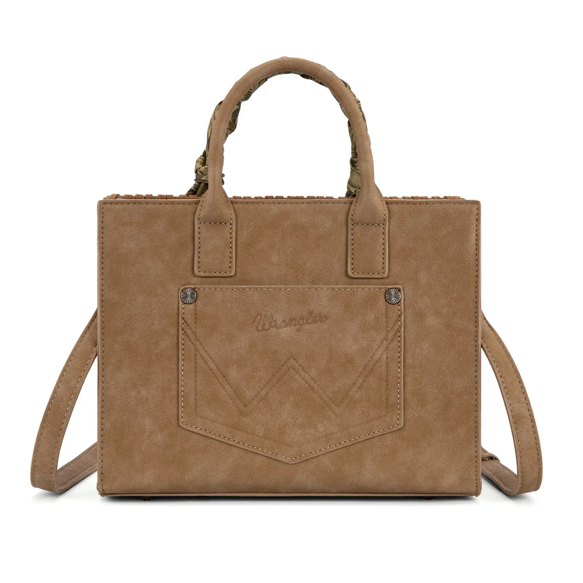Wrangler Whipstitch Aztec Satchel Crossbody Bag Scarf Handle - Khaki
