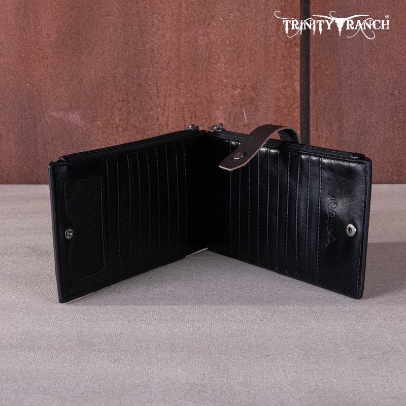 TRINITY RANCH HAIR ON COWHIDE TOOLED BI-FOLD WALLET/CARD ORGANIZER - BLACK