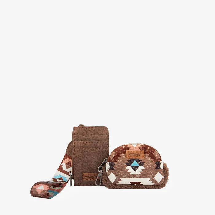 Wrangler Aztec Sherpa Trim Card Holder and Wallet Set - Coffee