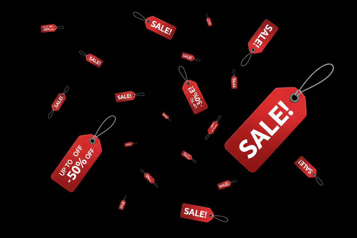A bunch of Sales red sales tages floating around with a black backgorund