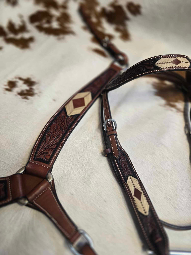 HEADSTALL & BREAST COLLAR SET - RAWHIDE WEAVE AND TOOLED LEAF