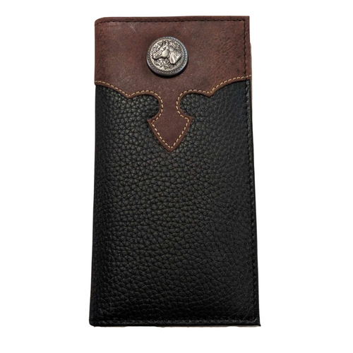 WESTERN GENIUNE LEATHER MENS LONG BIFOLD WALLET - HORSE CONCHO CENTER EMBOSSED
