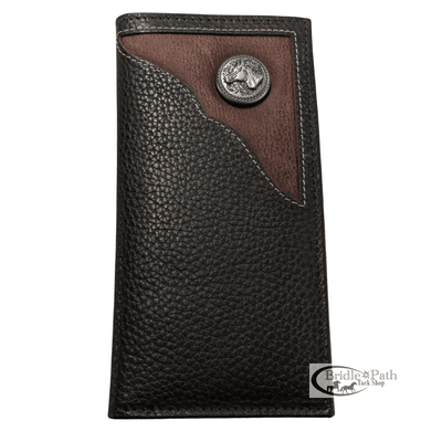 Portefeuille long à deux volets en cuir véritable Western pour homme - Coins ornés d'un concho à motif cheval en relief
