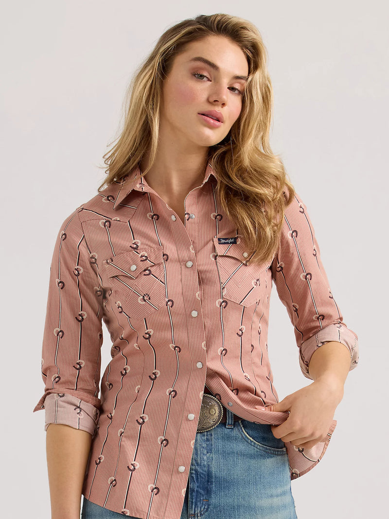 WRANGLER WOMENS RETRO SLIM STRIPE WESTERN SNAP SHIRT - DUSTY ROSE