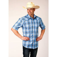 ROPER MENS SHORT SLEEVE WESTERN SHIRT - CORNFLOWER PLAID