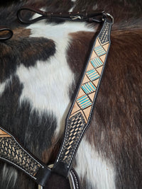 Headstall and Breastcollar Set - Dark Oil With LIght Aztec Teal Brow