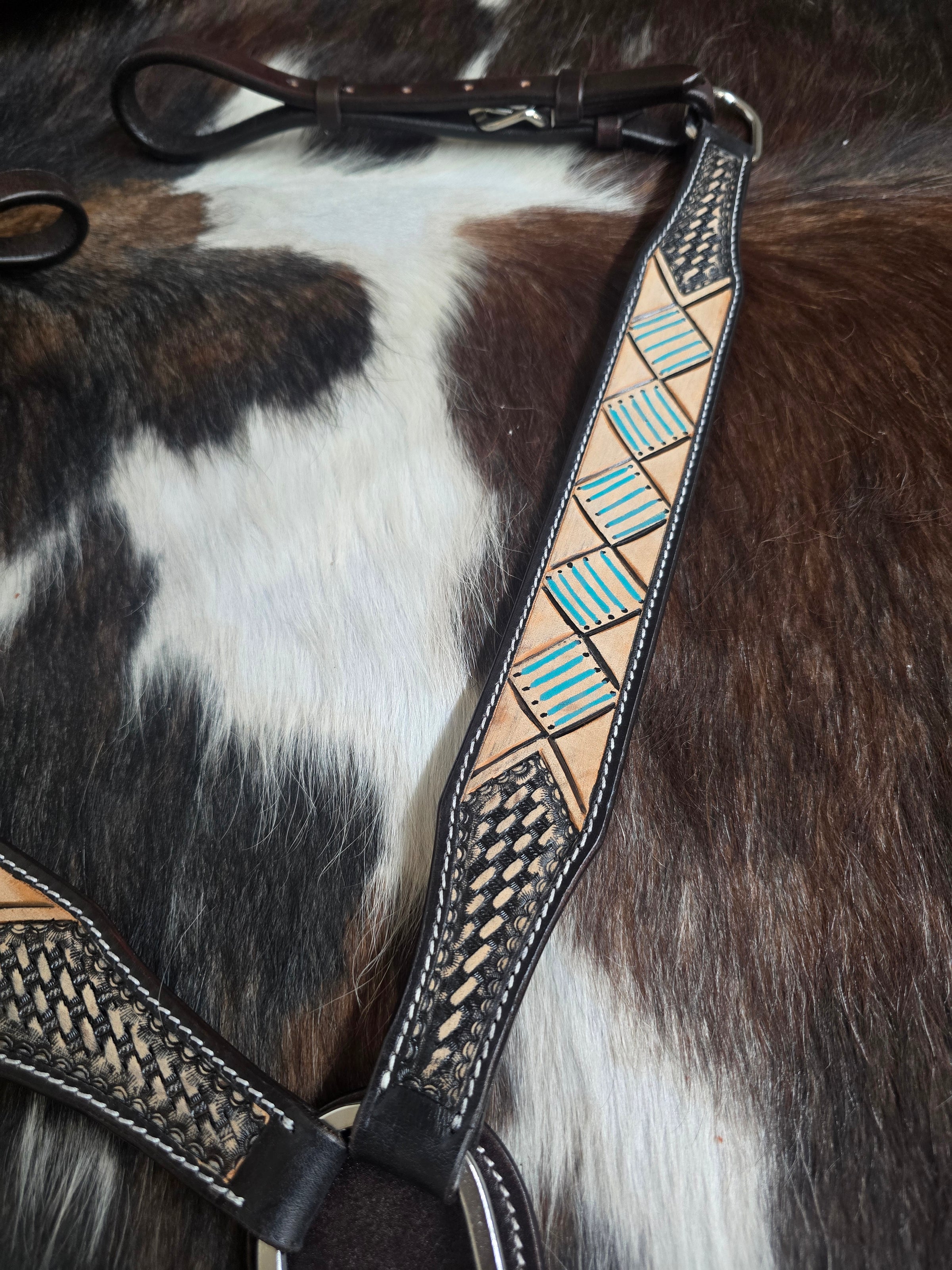 Headstall and Breastcollar Set - Dark Oil With LIght Aztec Teal Brow