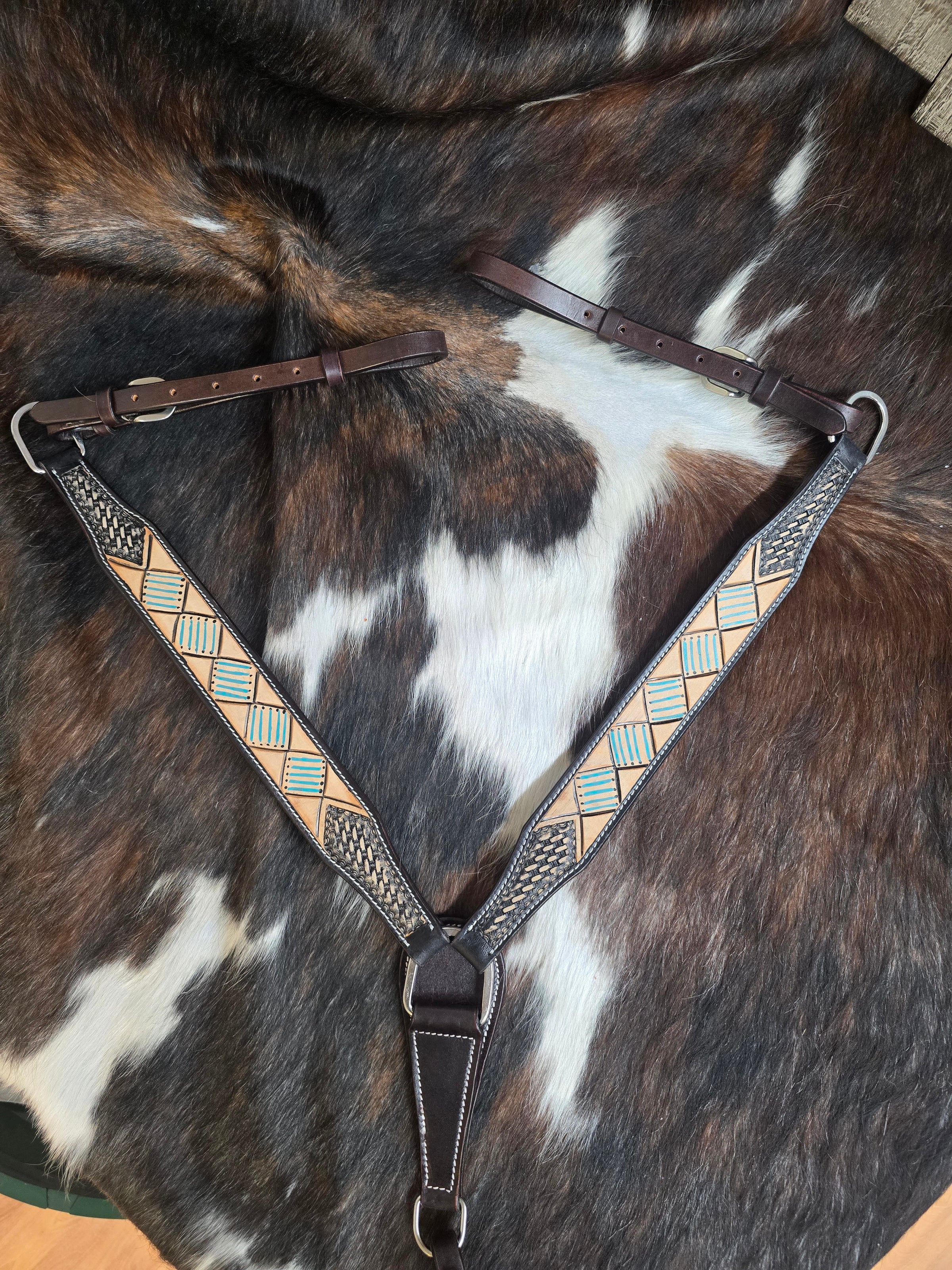 Headstall and Breastcollar Set - Dark Oil With LIght Aztec Teal Brow